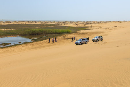 Walvis Bay, Namibia - 03 October 2018: Tourists on a 4x4 trip in the desert of the Namib- Naukluft National Park.のeditorial素材