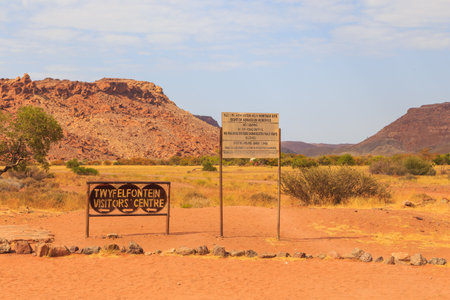 Twyfelfontein, Damaraland, Namibia - 05 October 2018: Twyfelfontein, site of ancient rock engravings in the Kunene Region of north-western Namibia. Prehistoric Bushman engravings, rock painting.のeditorial素材