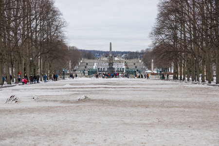 Norway, Oslo - 17 February 2019: View of the monolith in Frogner Park, sculpture created by Gustav Vigeland. Public park in capital city of Norway.のeditorial素材