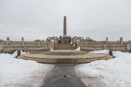 Norway, Oslo - 17 February 2019: View of the monolith in Frogner Park, sculpture created by Gustav Vigeland. Public park in capital city of Norway.のeditorial素材