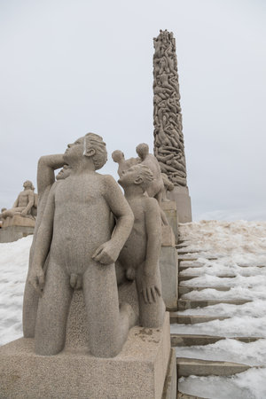 Norway, Oslo - 17 February 2019: View of the monolith in Frogner Park, sculpture created by Gustav Vigeland. Public park in capital city of Norway.のeditorial素材