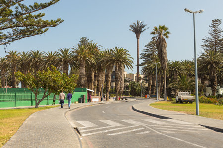 Swakopmund, Namibia - October 03, 2018: Promenade in Swakopmund. Exotic vegetation.のeditorial素材