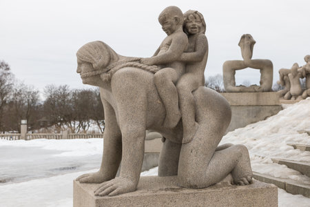 Norway, Oslo - 17 February 2019: Sculpture in Frogner Park, sculpture created by Gustav Vigeland. Public park in capital city of Norway.のeditorial素材