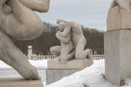 Norway, Oslo - 17 February 2019: Sculpture in Frogner Park, sculpture created by Gustav Vigeland. Public park in capital city of Norway.のeditorial素材
