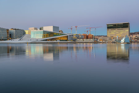 Norway, Oslo - 14 April 2019: View on a side of the National Oslo Opera House. Symbol of capital city in spring season.のeditorial素材