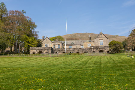 View if the buildings of the Sedbergh village. school playground. Sunny spring day. Sedbergh, Yorkshire Dales, UK.の写真素材