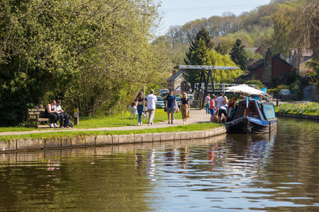 Llangollen, Dengighshire Wales - 21 April 2019: Narrow boats on the Llangollen Canal as it crosses the Pontcysyllte aquaduct, a world heritage site.のeditorial素材