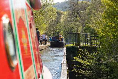 Llangollen, Dengighshire Wales - 21 April 2019: Narrow boats on the Llangollen Canal as it crosses the Pontcysyllte aquaduct, a world heritage site.のeditorial素材