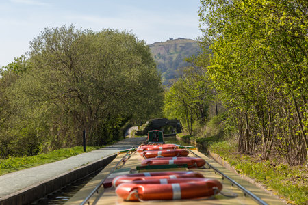 Llangollen, Dengighshire Wales - 21 April 2019: Narrow boats on the Llangollen Canal as it crosses the Pontcysyllte aquaduct, a world heritage site.のeditorial素材