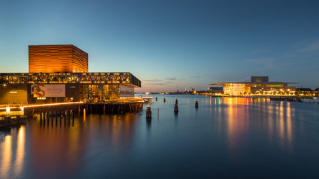 Denmark, Copenhagen - May 15, 2019: View of the modern buildings in Copenhagen at night. Beautiful illumination.のeditorial素材