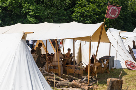 Lad, Poland - 01 June 2019: Campsite during the festival of Slavic and Cistercian culture in Lad on the Warta River..のeditorial素材