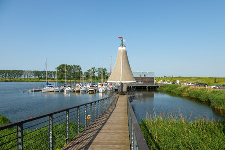 Szewce Gdanskie, Zulawy, Poland - 15 June 2019: View of the small marine. Pier and harbor on the Vistula river.のeditorial素材