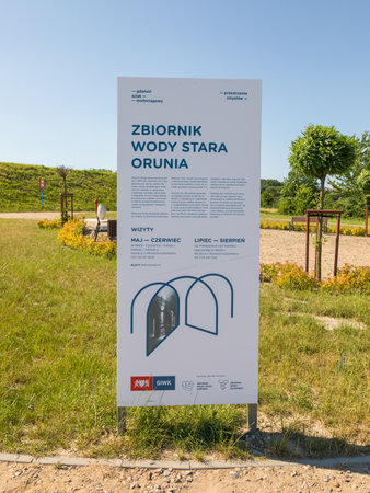 Gdansk, Orunia, Poland - 30 June 2019: Old Orunia water reservoir. information boards.のeditorial素材