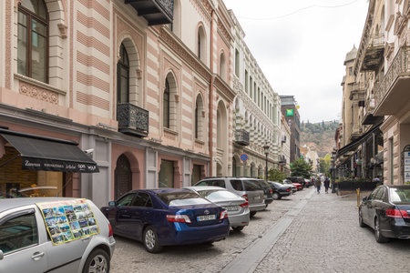 Georgia, Tbilisi - August 30, 2019: Traditional houses in the Old Town of Tbilisi. capital city.のeditorial素材