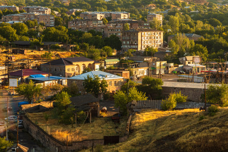 Yeghenadzor, Armenia - September 03, 2019: A small town among the mountains. Beautiful sunrise....
