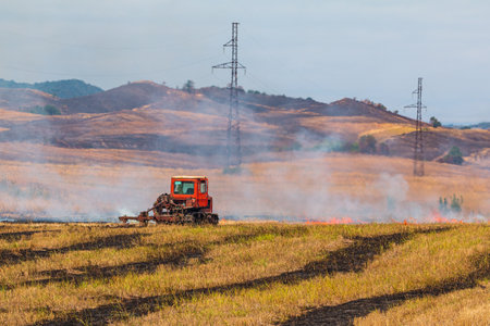 A burnt field after harvest. A red tractor plowing. Agricultural land in Azerbaijan.の写真素材