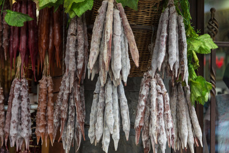 Churchkhela. Traditional Georgian sausage-shaped candy with grape must, nuts and flour. Eastern sweets, street food. Tbilisi, Georgia.の写真素材