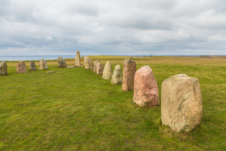 Ales Stenar stone circle, stone ship oval in outline in Scania in southern Sweden.の写真素材