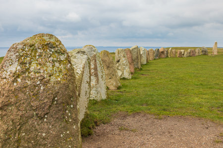 Ales Stenar stone circle, stone ship oval in outline in Scania in southern Sweden.の写真素材
