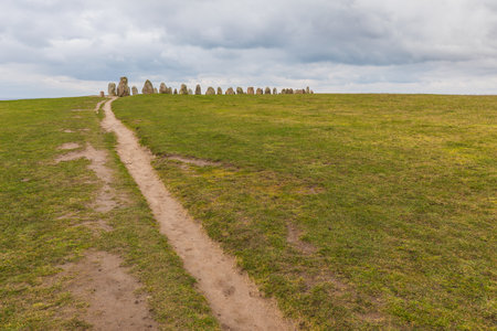 Ales Stenar stone circle, stone ship oval in outline in Scania in southern Sweden.の写真素材