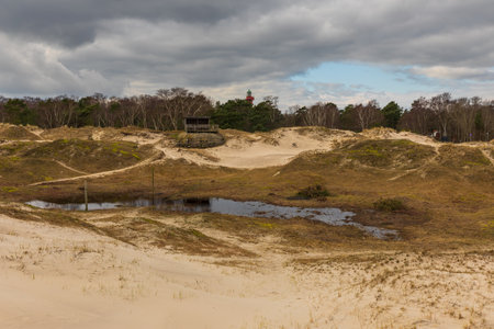 Coastal sand dunes with grass under dramatic cloudy sky at Sandhammaren beach in southern Sweden.の写真素材