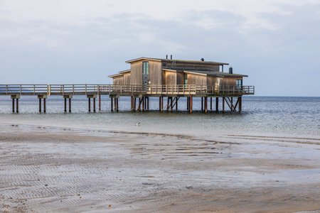 Wooden seaside bathhouse on stilts at the shore in Torekov, Sweden. Calm day with cloudy sky and low tide.の写真素材