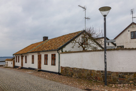 Colorful old houses and a peaceful residential street in the coastal town of Torekov, Sweden.の写真素材