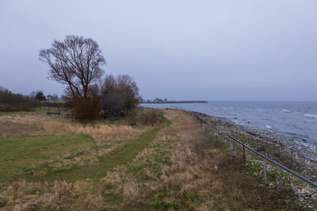 A narrow trail along the rocky Baltic coast under a gray sky in Smygehuk, Sweden southernmost location.の写真素材