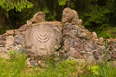 Old stone wall surrounded by lush greenery and pine trees in Wierszalin, Podlasie, Poland.の写真素材
