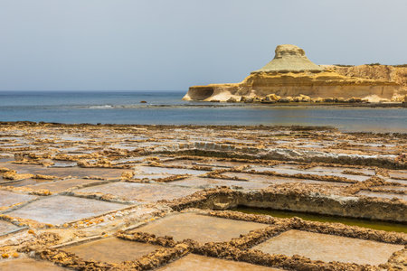 Traditional salt pans on the rocky coast of Gozo Malta with limestone cliffs in the background.
