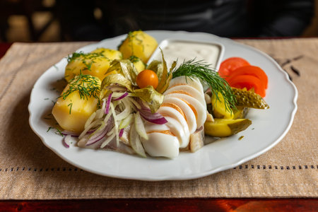 Traditional Estonian herring dish served with boiled potatoes, sliced egg, red onion, pickled cucumber, tomato and creamy sauce, Saaremaa, Estonia.の写真素材