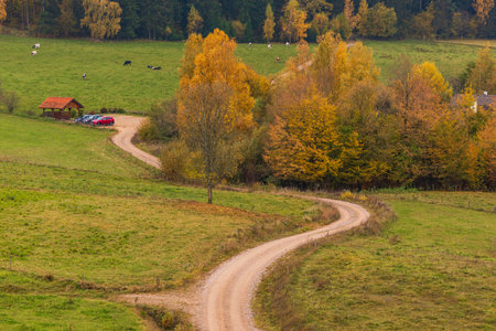 Podlasie, Poland â October 2021. A winding dirt road runs through autumn fields with colorful trees.のeditorial素材