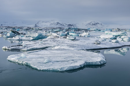 Large blue ice blocks drift through the fast-moving glacial channel at Jokulsarlon Glacier Lagoon in...
