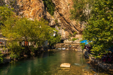 Blagaj, Bosnia and Herzegovina 17, August 2022: Blagaj Tekke monastery building near the Vrelo Bune river spring, a spiritual Dervish house.のeditorial素材
