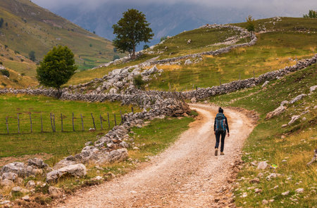 Lukomir, Bosnia and Hercegovina - August 23, 2022: Backpacker walking on winding dirt path through green hills and stone walls in Lukomir.のeditorial素材