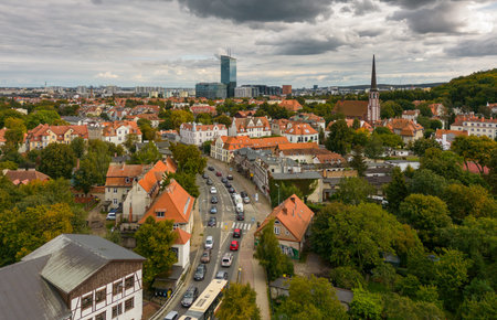 Gdansk, Poland - September 23, 2022: Gdansk city view showing residential areas, a church, a...