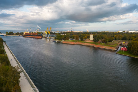 Gdansk, Poland - September 29, 2022: Gdansk port channel showing commercial shipping activity,...