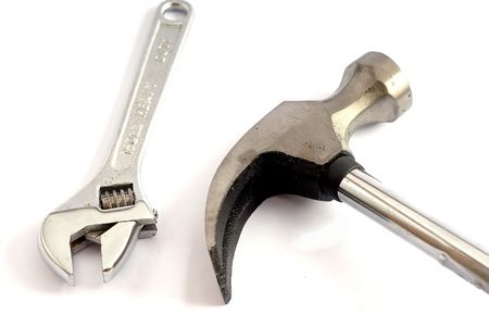 Adjustable wrench and hammerの写真素材