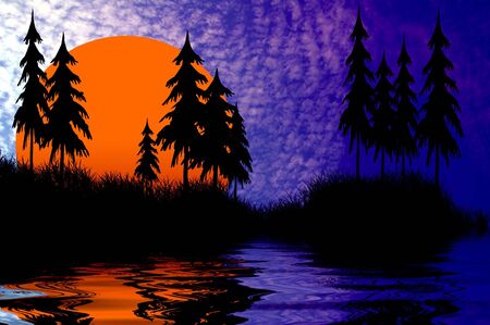 red sunshine with pine reflection in the seaの写真素材