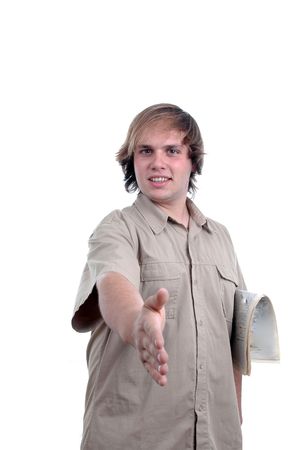businessman with newspaper and take handshakeの写真素材