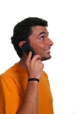 man on the phone smiling - isolated over a white backgroundの写真素材