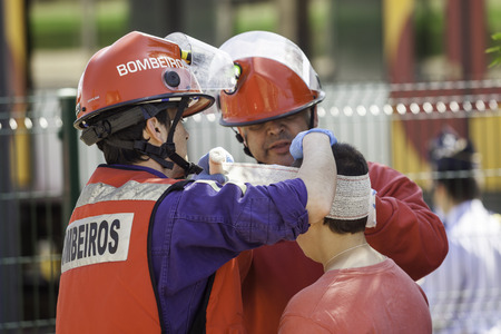 NINE, PORTUGAL - APRIL 12  Emergency workers at a scene of a train accident simulation in Nine train...