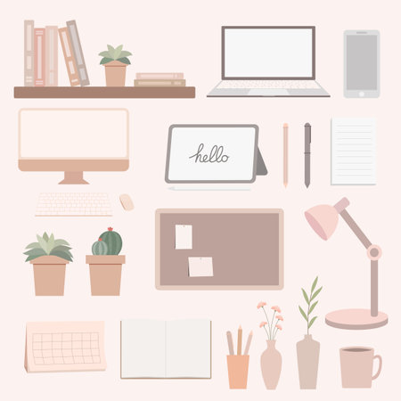 Flat design vector illustration of home office desk and workspace elements.のイラスト素材