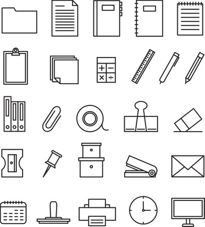 Office supplies icons set in thin line style for any design. Vector illustration office stationary icons.のイラスト素材