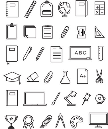 School and education icon set in thin line style. Vector illustration school stationary icons.のイラスト素材