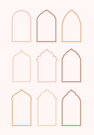 Set of islamic frames in line style. Vector illustration mosque arch window shape lineart.のイラスト素材