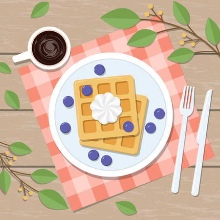 Waffle and Coffee for Breakfast Illustration on Top of Wooden Table with Twigs of Green Leaves. Vector Illustration Breakfast Menu Top Viewのイラスト素材