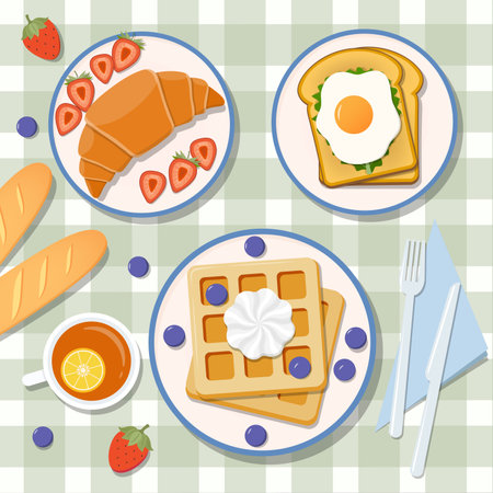Waffle, Toast, Croissant, Baguette and Tea for Breakfast Menu Illustration from Top Viewのイラスト素材