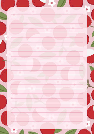 Cute Printable Lychee Themed Lined Notes for Journaling and Education. Vector Illustration A4 Size Fruit Themed Note Paper.のイラスト素材