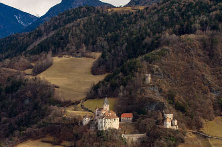 Trostburg above Weidbruck, Ponte Gardena in South Tirol. Fall Landscape of a Epic Castle in SÃ¼dtirol, in the middle of the Alps. Medival fortification above the Eisacktalのeditorial素材